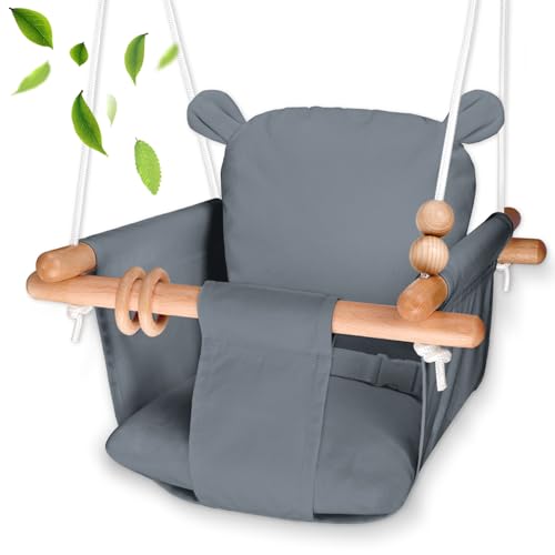 Baby Swing Outdoor – Secure Canvas and Wooden Indoor Baby Swing Seat – Toddler Swing Infant Swing Outdoor with Safety Belt, Hanging Swing Chair for Baby Boys Girls (Dark Grey)