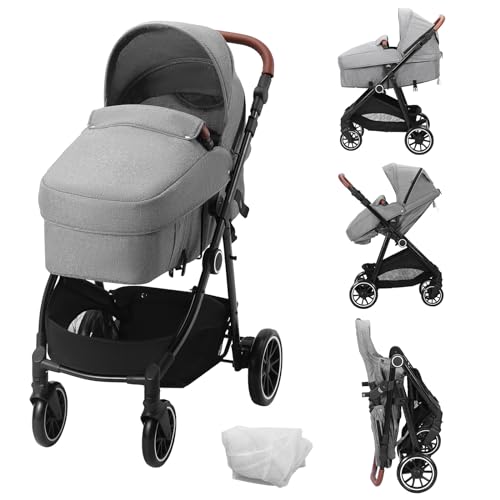 VEVOR Standard Baby Stroller, Infant Toddler Stroller with Bassinet, 3rd-Gear Adjustable Backrest & Foldable & Reversible Seat, Carbon Steel Newborn Stroller with Leg Cover and Mesh Net, Black