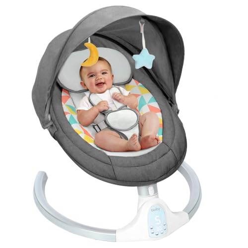 Bioby Baby Swing for Infants, Portable Baby Bouncer with Bluetooth Music Speaker, 5 Point Harness, 5 Speeds, Touch Screen/Remote Control, Indoor&Outdoor Electric Baby Rocker Chair for 5-20 lbs