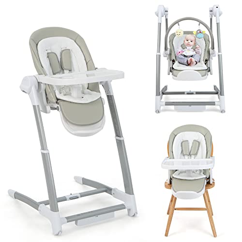HONEY JOY 3 in 1 Baby Swings, Convertible Highchair for Babies and Toddlers, Compact Portable Infant Swing, Infant Booster Seat w/Double Tray, Music & Wheels, Easy Folding, Double Food Tray(Gray)