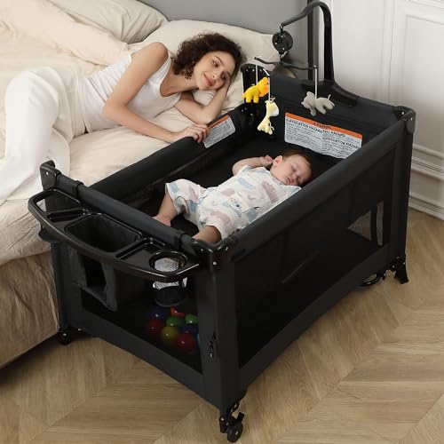 A2DAO 5 in 1 Pack and Play, Baby Bassinet Bedside Sleeper, Baby Playard, Bedside Crib with Changing Table, Foldable Travel Playard for Newborn to Toddles – Black
