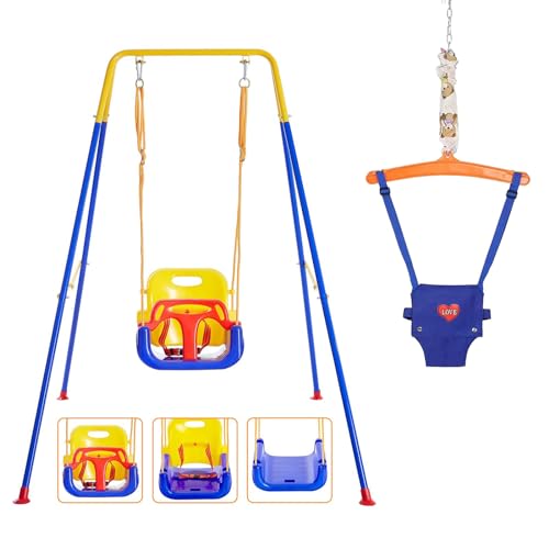 4 in 1 Toddler Swing Set & Jumper, Baby Swing & Bouncer for Outdoor Indoor Play, Baby Bouncer Jumper with Safety Seat, Foldable Metal Stand