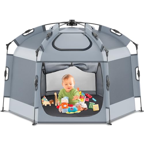 Babepai Pop up Playpen with Canopy – Portable Baby Beach Tent – Outdoor Baby Playpen – Indoor & Outdoor Play Yard for Babies, Foldable, Portable, Lightweight & Travel Bag – Gray