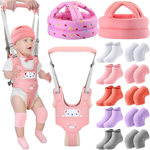 Leumoi 13 Pcs Baby Safety Helmet Infant Baby Walking Harness with Anti Slip Knee Pads for Crawling Toddler Socks 2 No Bumps Baby Head Protector 1 Adjustable Walking Assistant (Pink Rabbit)