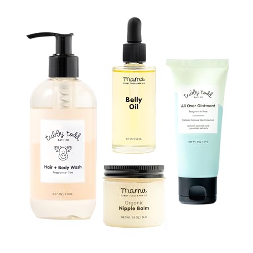 Tubby Todd New Baby & Mom Sensitive Skincare Kit – The Mama + Baby Gift Set – Baby Shampoo and Body Wash, All Over Ointment, Belly Oil & Nipple Balm – Standard Size Fragrance-Free