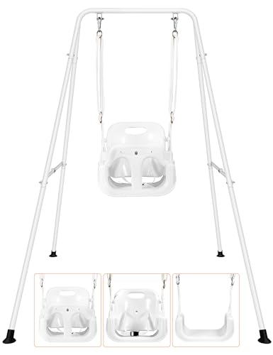3-in-1 Baby Toddler Swing with 4 Sandbags, Toddler Swing for Outdoor/Indoor Backyard Play, Kids Swing Set with a Foldable Metal Stand, Easy to Assemble & Store (White)
