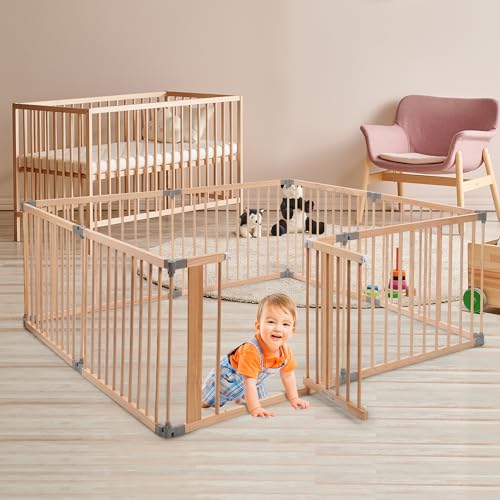 Rengue Wooden Baby Playpen for Toddlers, Foldable Large Baby Playard, Adjustable Safety Play Fence with Locking Gate for Indoor & Outdoor, Kids Activity Center (26.6“ Tall, 8-Panel)