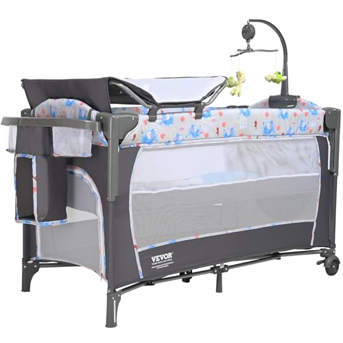 VEVOR Baby Bassinet, Pack and Play Bassinet Fold Portable Baby Bedside Sleeper Crib with Changing Table, Baby Playards Bed with Mosquito Net(Two Wheels)…