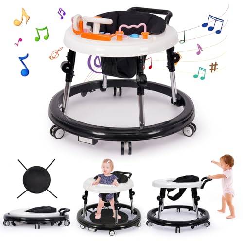 NVW Music and Lights Baby Walker Foldable with 9 Adjustable Heights, Baby Walker with Wheels Portable, Baby Walkers and Activity Center for Boys Girls Babies 7-18 Months (New-Black)