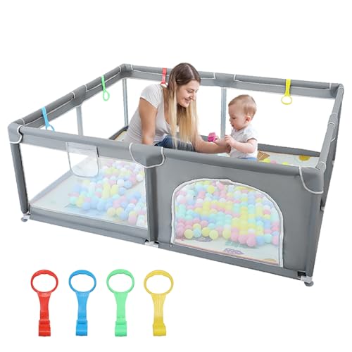 HEIMILI Baby Playpen, Play Pen for Kids and Toddlers, Baby Playard for Indoor and Outdoor,Baby Play Fence with Soft Breathable Mesh, Playard for Babies with Handle,Light Grey