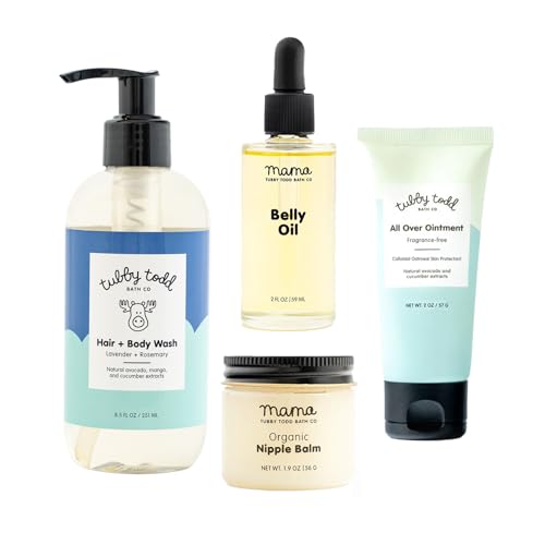 Tubby Todd New Baby & Mom Sensitive Skincare Kit – The Mama + Baby Gift Set – Baby Shampoo and Body Wash, All Over Ointment, Belly Oil & Nipple Balm – Standard Size Lavender Rosemary