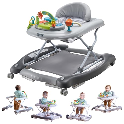 VEVOR 4-in-1 Baby Walker, Foldable Baby Activity Center with Wheels, 3 Adjustable Height, Music & Toys Tray, Learning-Seated | Walk-Behind | Rocker | Bouncer Toddler Walker for Boys Girls 6-24 Months