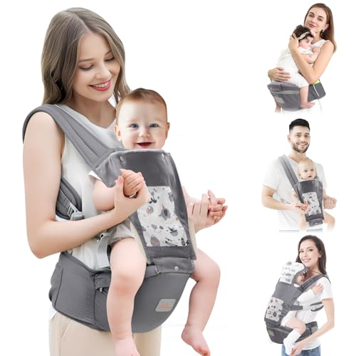 Mumgaroo Baby Carrier Newborn to Toddler, Ergonomic 6-in-1 Baby Carrier with Hip Seat Complete All Seasons, Adjustable & Removable Baby Holder Backpack with Baby Hood 0-36 Months