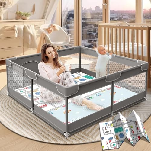 XVISHX Baby Playpen with Mat, 50 x 50 Inch Play Pen Playards, Playpen for Babies and Toddlers, Baby Playard for Indoor & Outdoor Active Center Game Fence, with Skin-Friendly Fabric Grey