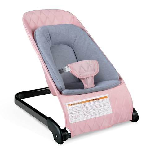 Kinder King Portable Baby Bouncer, Foldable Bouncer Seat w/Thickened Soft Cushion, 3-Point Harness, Lightweight Newborns Bouncy Seat, Pink