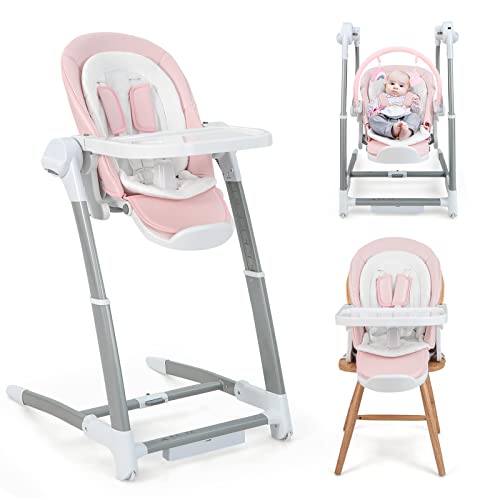 HONEY JOY 3 in 1 Baby Swings, Convertible Highchair for Babies and Toddlers, Compact Portable Infant Swing, Infant Booster Seat w/Double Tray, Music & Wheels, Easy Folding, Double Food Tray(Pink)