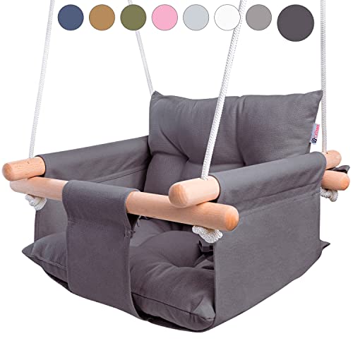 CaTeam – Canvas Baby Swing, Wooden Hanging Swing Seat Chair with Safety Belt, Durable Baby Swing Chair, Outdoor and Indoor Swing for Kids, Mounting Hardware Included, Dark Gray