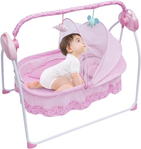 Shikiy Baby Cradle Electric Swing 5 Speeds Auto Rocking Basket Bassinet Foldable Newborn Crib Bed with Remote Control and Mat Bluetooth Music Electric Baby Crib Cradle for Newborns 0-18 Months(Pink)