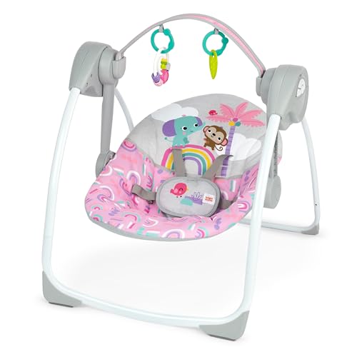 Bright Starts Pink Paradise Portable Compact Automatic Baby Swing with Music, Unisex, Newborn +
