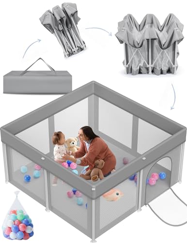 Foldable Baby Playpen 50″×50″, Playard for Babies and Toddlers, Portable Safety Baby Fence Lightweight,No Installation, Indoor & Outdoor Baby Playpen with Ocean Balls*50, Grey