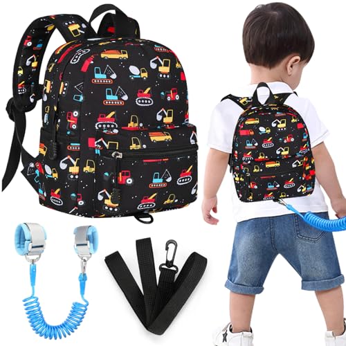 Accmor Toddler Backpack with Leash, Baby Backpacks with Anti Lost Wrist Link, Cute Mini Kids Backpack Leash Walking Harness for Travel, Small Excavator Backpack Tether for Boys Girls 1-3 (Black)