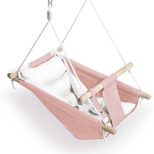 Baby Swing for Baby and Toddler, Canvas Baby Hammock Swing Indoor and Outdoor with Safety Belt and Mounting Hardware, Wooden Hanging Swing Seat Chair for Baby up to 3 Years – Pink