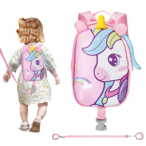 Zooawa Toddler Harness Backpack with Leash, 2 in 1 Cute Unicorn Kid Backpack with Anti Lost Wrist Link, Toddler Backpack Harness with Safety Leash for 1-4 Years Old Baby Boys Girls