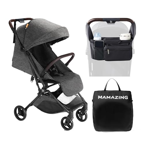 MAMAZING Lightweight Baby Stroller with Organizer & Cushion, Ultra Compact & Airplane-Friendly Travel Stroller, One-Handed Folding Stroller for Toddler, Only 11.5 lbs, Black