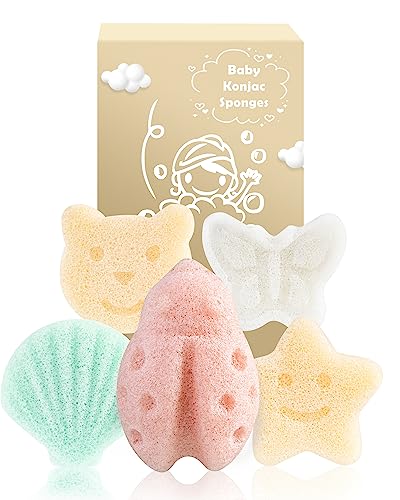 Konjac Baby Sponge for Bathing, 5Pcs Natural Cute Shapes, Kids Bath sponges for Infants, Toddler Bath time, Plant-Based, Extra Soft