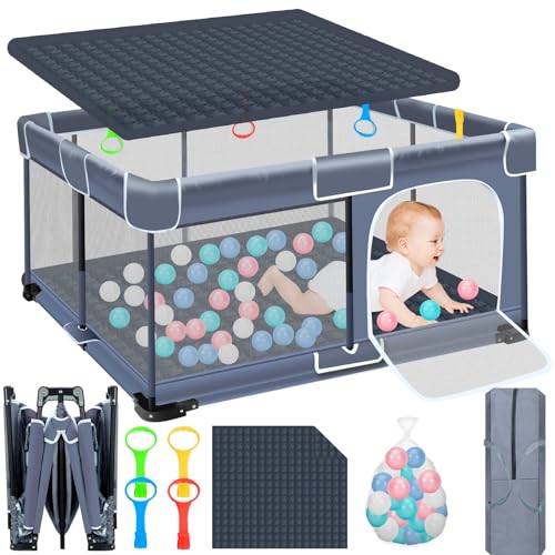 Foldable Baby Playpen,Large Playard with Detachable Thicken Mat,Collapsible Play Pen for Babies,Portable Playpen for Babies and Toddlers,Sturdy Baby Fence,Indoor & Outdoor Portable Play Pen (50*50″)