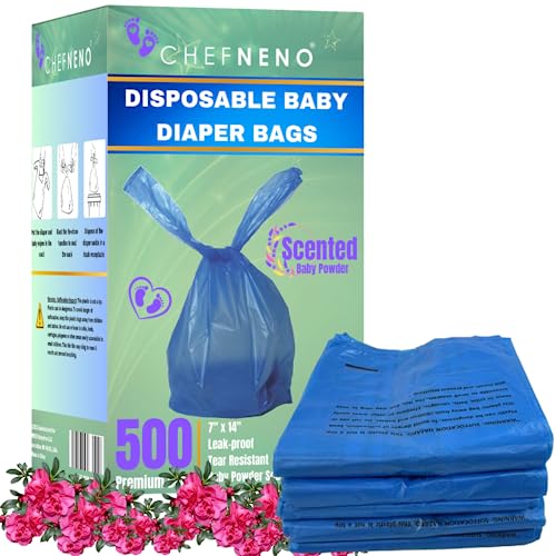 Baby Diaper Bag Disposable (500 Count, Blue) Fresh Baby Powder Scented Easy Tie Handles Bulk Diaper Sacks Disposable Dog Poop Bags Cat Litter Clump & Poop Bags Sanitary Pads Disposal Bags (500 Bags)
