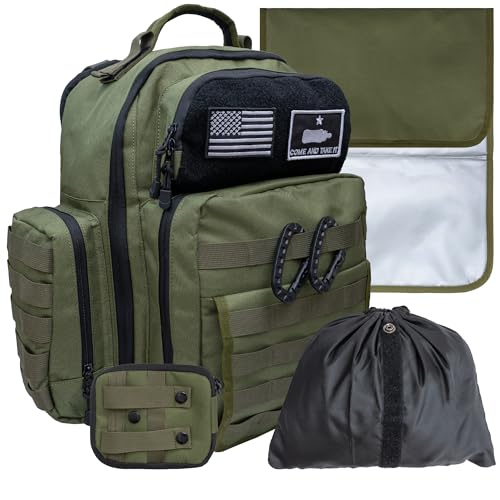 Green Dad Diaper Bag – Molle-Style Military Diaper Backpack Made of Rugged 900D Waterproof Polyester with Wider Extra-Long Straps, Dirty Diapers Pouch, Baby Wipes Dispenser & Insulated Bottle Pockets