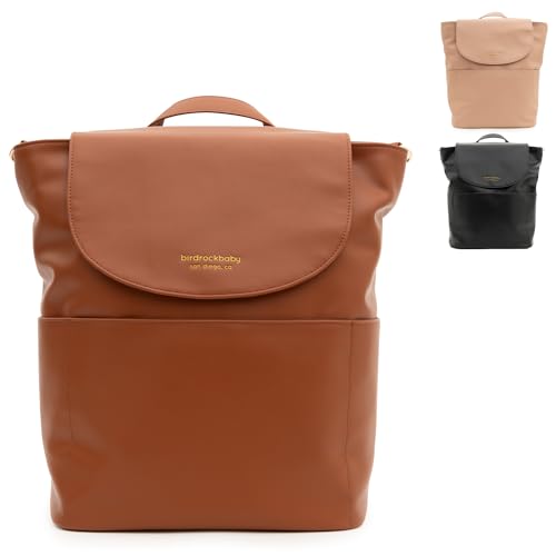 BirdRock Baby Seaside Diaper Bag Backpack – Stylish Vegan Leather, Large Capacity Travel Diaper Bag for Women (Classic Brown)