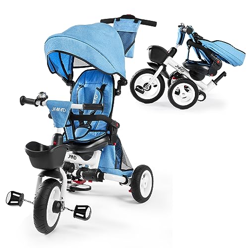 JMMD Baby Tricycle, 7-in-1 Folding Kids Trike with Adjustable Parent Handle, Safety Harness & Wheel Brakes, Removable Canopy, Storage, Stroller Bike Gift for Toddlers 18 Months – 5 Years(Blue)