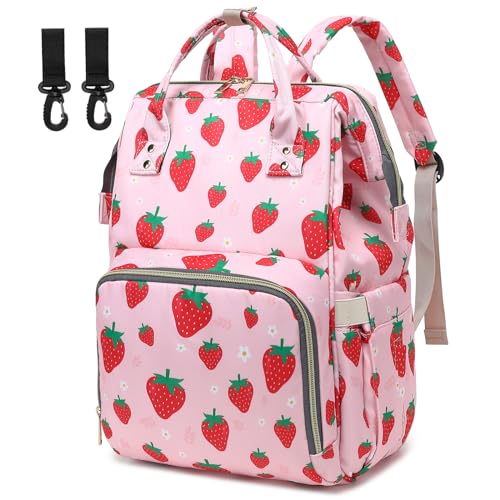 Yusudan Strawberry Diaper Bag Backpack for Baby Girls, Mom Waterproof Large Nappy Bags for Women