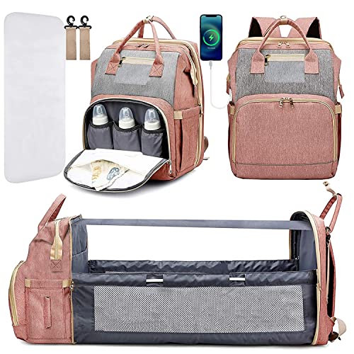 GreenTaya Diaper Bag Backpack, Large Baby Diaper Bags for Boys Girls, Baby Bag with USB Charging Port, Multifunction Waterproof Travel Back Pack for Moms Dads, Pink Grey