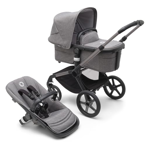 Bugaboo Fox 5 All-Terrain Stroller, 2-in-1 Baby Stroller with Full Suspension, Easy Fold, Spacious Bassinet, Extendable Toddler Seat, One-Handed Maneuverability (Grey Melange)