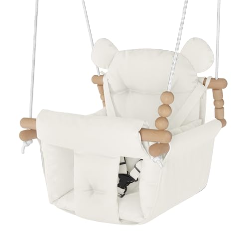 Baby Swing Indoor Outdoor, Secure Canvas Baby Swing, Toddler Swing Seat,Wooden Baby Hanging Swing for Infant,3-Point Adjustable Safety Harness,Mounting Hardware Included,Gift for Baby Boys Girls,White