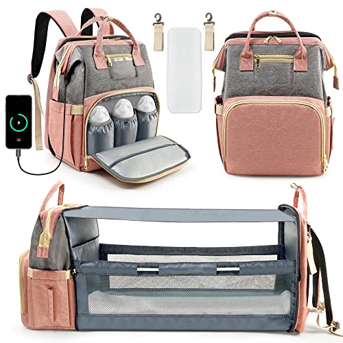 Kompoll Unisex Diaper Bag Backpack, Multifunction Waterproof Large Travel Baby Changing Bags Travel Back Pack for Dad/Mom, Suitable for 0-24 Months (Pink & Grey)