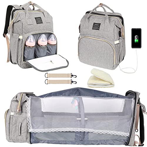 Baby Diaper Bag Backpack with Changing Station, Baby Registry Search Shower Gifts, Baby Bags for Boy Girl, New Mom Gifts for Women, Large Capacity, USB Port,Gray