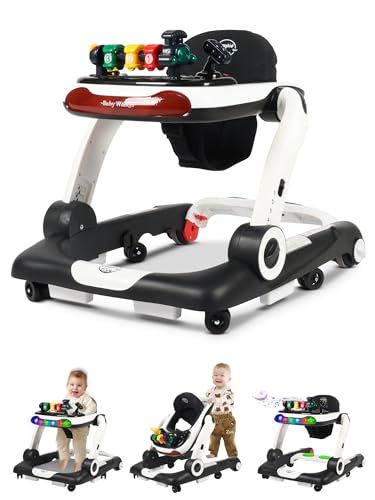 Music and Lights Baby Walker with Wheels, 6 in 1 Baby Activity Center w/Ergonomic backrest design, Baby walkers for Boys w/Foot Pads, Music Bouncer walkers for Boys Girls Babies 6-18 Months, Black
