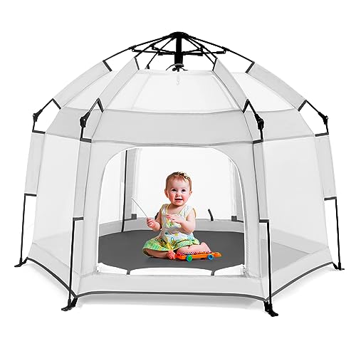 Bend River Baby Playpen with Canopy, Portable Baby Beach Tent, Toddler Play Yard Indoor and Outdoor, Foldable Mosquito Net for Infant – White