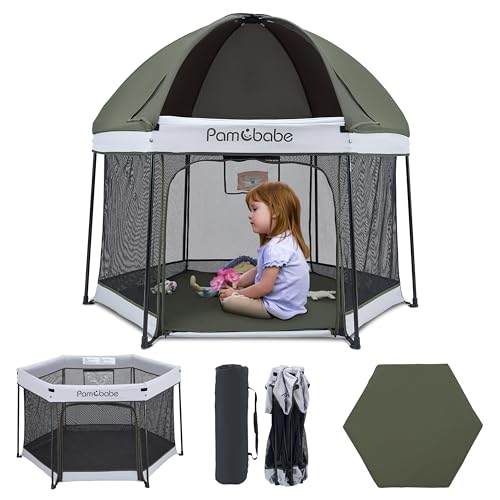 Pamo Babe Portable Playpen with Canopy and Mattress Outdoor and Indoor 54″ Baby Playard for Babies and Toddlers Foldable Play Yard with Zipper Gate