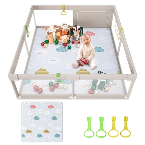 Baby Playpen with Mat, 59x59inch Playpen for Babies and Toddlers, Kids Play Pen, Extra Large Baby Playpen,Baby Fence,Big Playpen for Infants with Gate,Playard for Baby