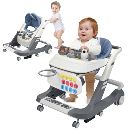HAPYOOY 4 in 1 Folding Baby Walker, Activity Walker for Boys Girls, Learning-Seated, Toddler Walk-Behind w/Music Toys, Adjustable Height & Speed, Safety Bumper, Infant Walker Anti-Rollover