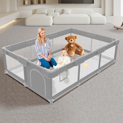 Baby Playpen 74×50 inch, Playpen for Babies and Toddlers, Baby Play Pen Design with External Zipper Gate, Baby Play Yard with Non-slip Suction Cups on The Bottom, Baby Fence