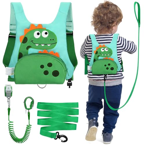 Dr.meter 3 in 1 Toddler Harness Leash + 8.2ft Anti Lost Wrist Link, Cute Dinosaur Kids Safety Harness Tether with Key Lock, Child Protective Leashes While Walking for Outdoor Activity Keep Kids Close