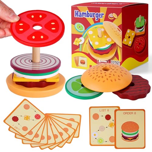MCPINKY Wooden Stacking Toys, Montessori Toys for Kids Burger Stacking Toys Educational Preschool Learning Toys for Boys Girls Birthday Gifts