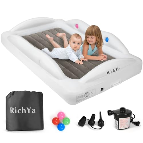 RichYa Inflatable Toddler Travel Bed with 4 Safety Bumpers, Portable Toddler Bed with Sides, Kid Air Mattress with Storage Bag and 120V Electric Pump for Extra Bed and Sleepover – 62*40*12” – Grey