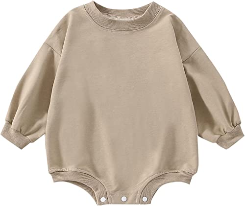 DOSYZTO Baby Boy Girl Fall Outfit Long Sleeve Bubble Romper Sweatshirt Top Solid Color Jumpsuit Infant Bodysuit Clothes (Solid Khaki Romper,18-24 Months)